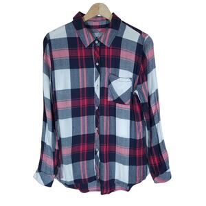 Rails Womens Hunter Top Small Flannel Button Down Plaid Navy Red White Soft Boho